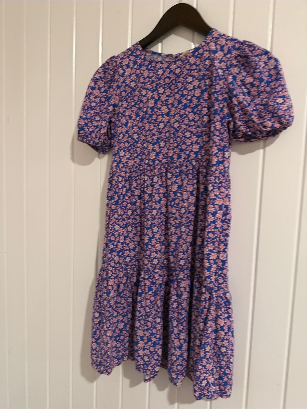 J. Crew Factory Blue Dress with Pink Floral Print and Puff Sleeves